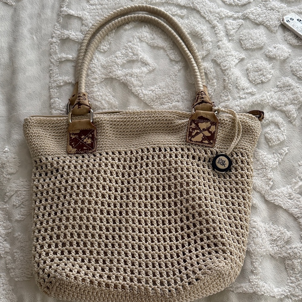 The Sak Neutral Crochet Tote Bag with Leather Accents - Beach & Everyday Carry